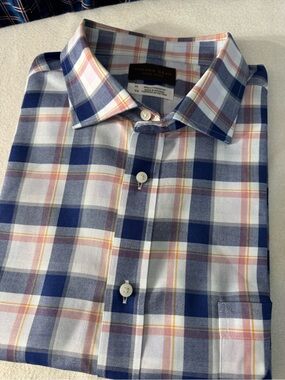 Thomas Dean Navy and White Plaid Button-Down Shirt with Pink and Yellow Accents